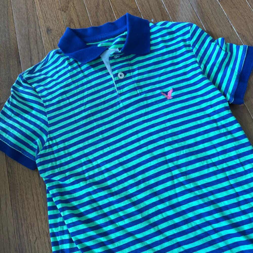 American Eagle | Y2K Skater Grunge Green/Blue Stripe Polo Shirt Slim Fit Cotton